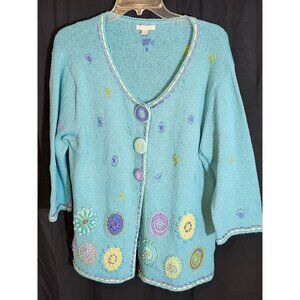 Y2K Carson Whimsical Button Front Embroidered Ramie Sweater XL